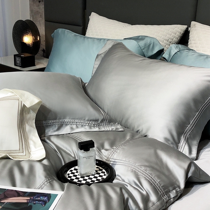 91家纺网 家纺一手货源 找家纺 涞澳 2023新款60支纯色天丝压线系列四件套--云汐系列 云汐-曙光银