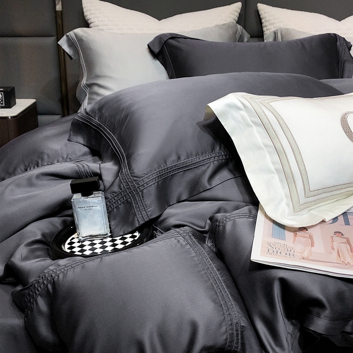 91家纺网 家纺一手货源 找家纺 涞澳 2023新款60支纯色天丝压线系列四件套--云汐系列 云汐-炭黑