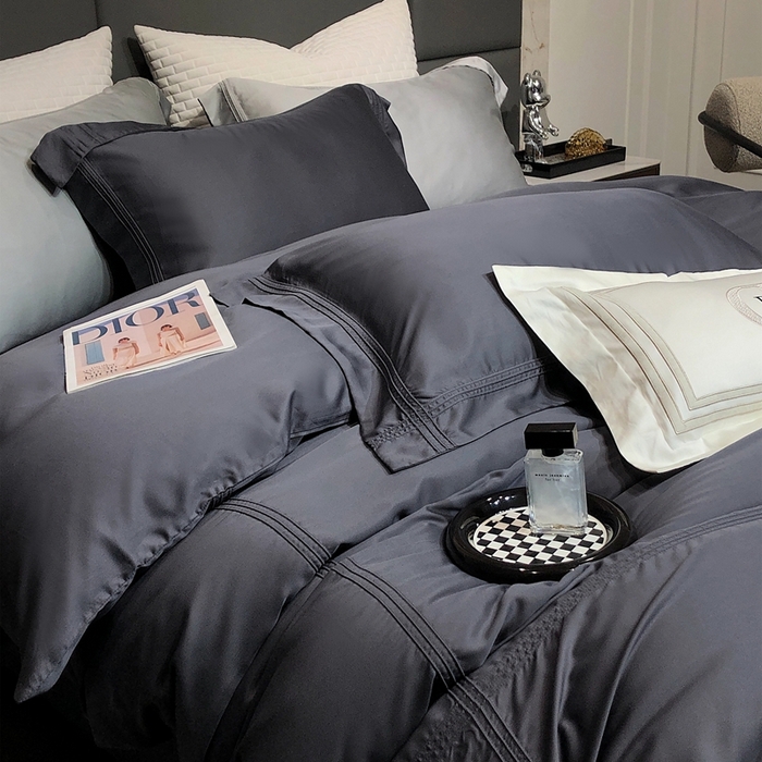 91家纺网 家纺一手货源 找家纺 涞澳 2023新款60支纯色天丝压线系列四件套--云汐系列 云汐-炭黑