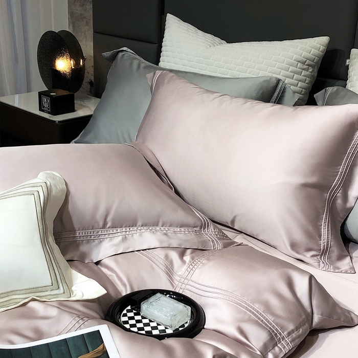 91家纺网 家纺一手货源 找家纺 涞澳 2023新款60支纯色天丝压线系列四件套--云汐系列 云汐-烟粉