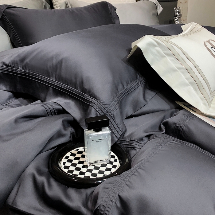 91家纺网 家纺一手货源 找家纺 涞澳 2023新款60支纯色天丝压线系列四件套--云汐系列 云汐-炭黑