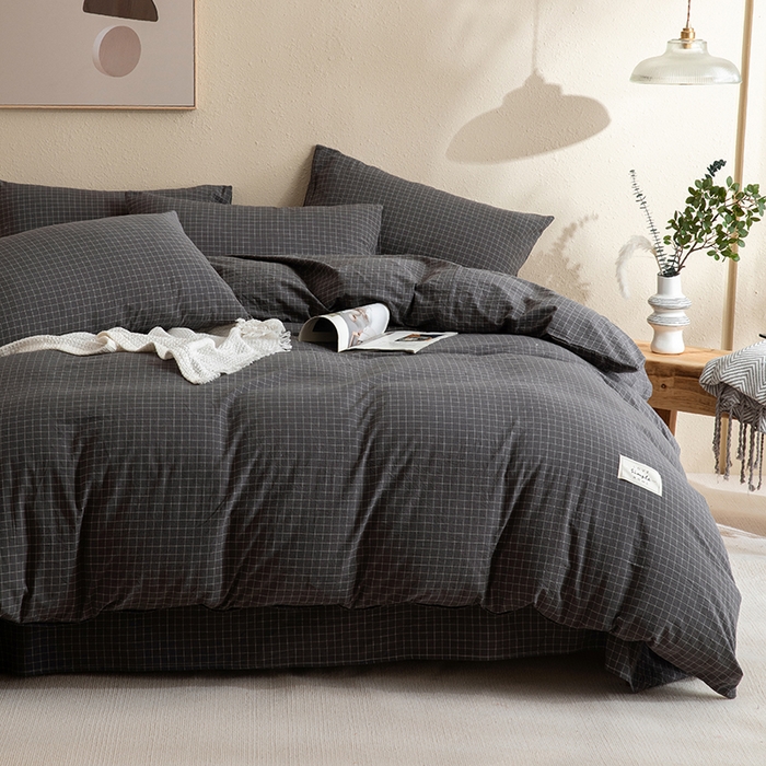 91家纺网 家纺一手货源 找家纺 栩裕纺织2025新款全棉水洗棉学生三件套四件套 潮格（黑）