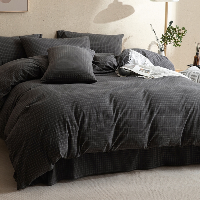 91家纺网 家纺一手货源 找家纺 栩裕纺织2025新款全棉水洗棉学生三件套四件套 潮格（黑）