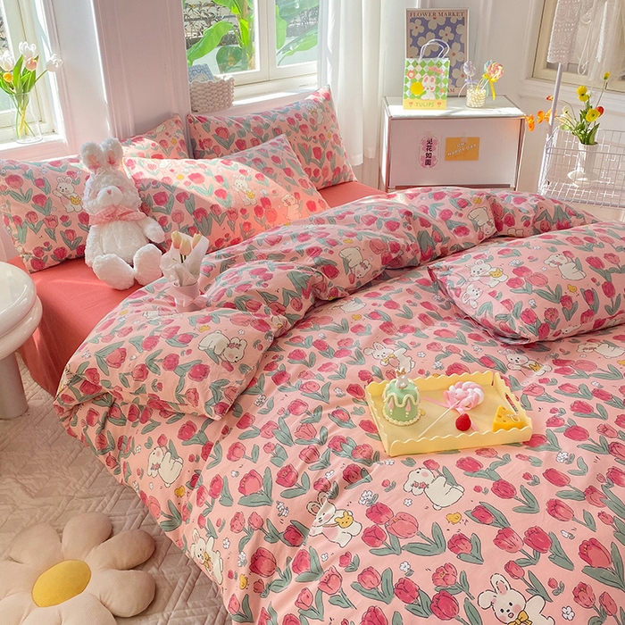 91家纺网 家纺一手货源 找家纺 慕梵家居 2023新款全棉13372四件套 郁金香兔