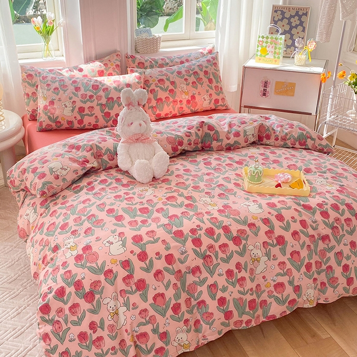 91家纺网 家纺一手货源 找家纺 慕梵家居 2023新款全棉13372四件套 郁金香兔