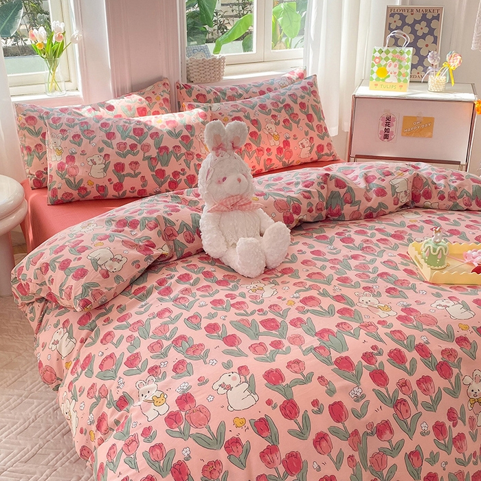 91家纺网 家纺一手货源 找家纺 慕梵家居 2023新款全棉13372四件套 郁金香兔