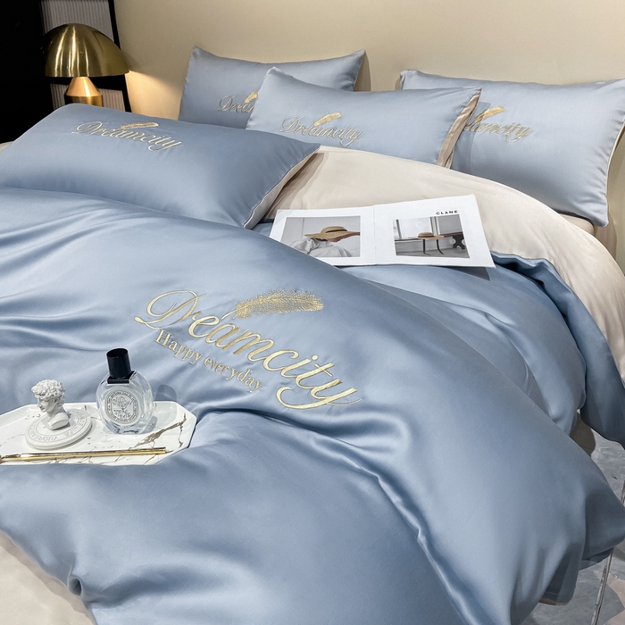 91家纺网 家纺一手货源 找家纺 花愿 2025新款水洗真丝刺绣四件套-羽梦系列 海青+奶茶