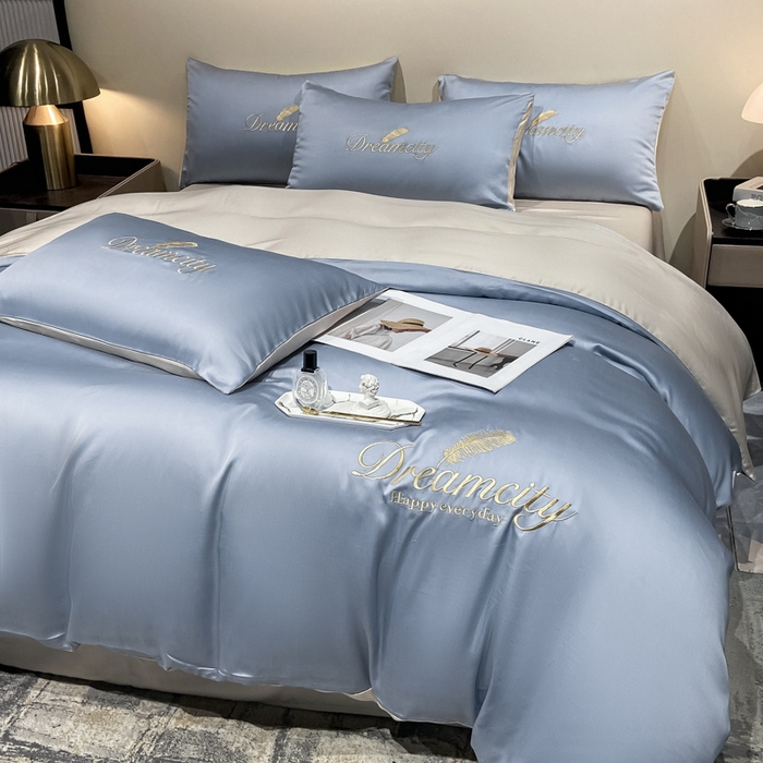 91家纺网 家纺一手货源 找家纺 花愿 2025新款水洗真丝刺绣四件套-羽梦系列 海青+奶茶