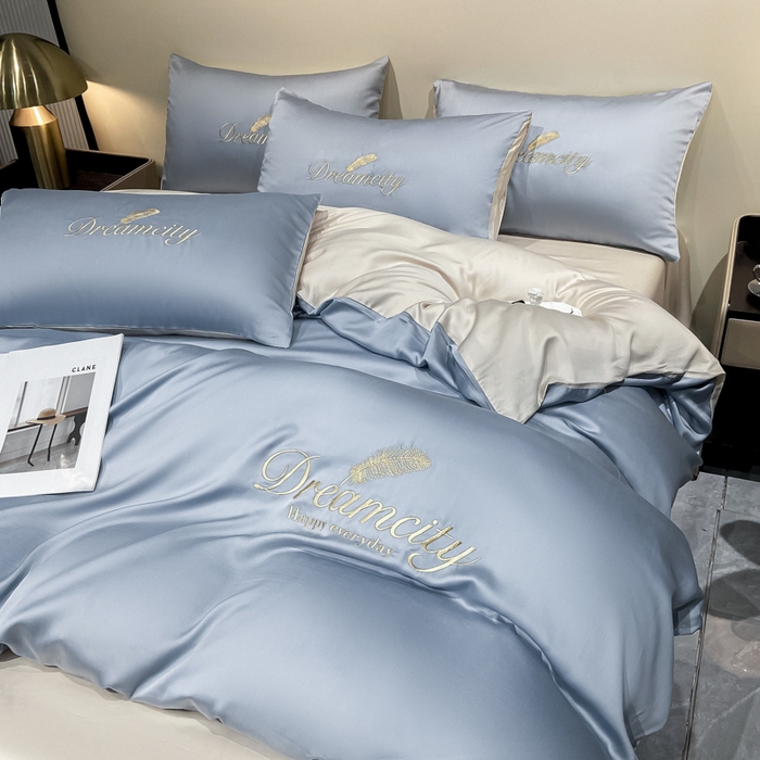 91家纺网 家纺一手货源 找家纺 花愿 2025新款水洗真丝刺绣四件套-羽梦系列 海青+奶茶