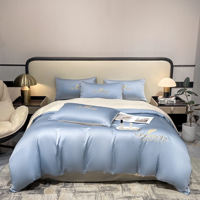 91家纺网 家纺一手货源 找家纺 花愿 2025新款水洗真丝刺绣四件套-羽梦系列 海青+奶茶