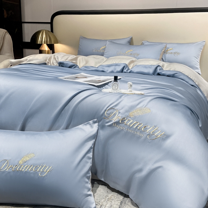 91家纺网 家纺一手货源 找家纺 花愿 2025新款水洗真丝刺绣四件套-羽梦系列 海青+奶茶