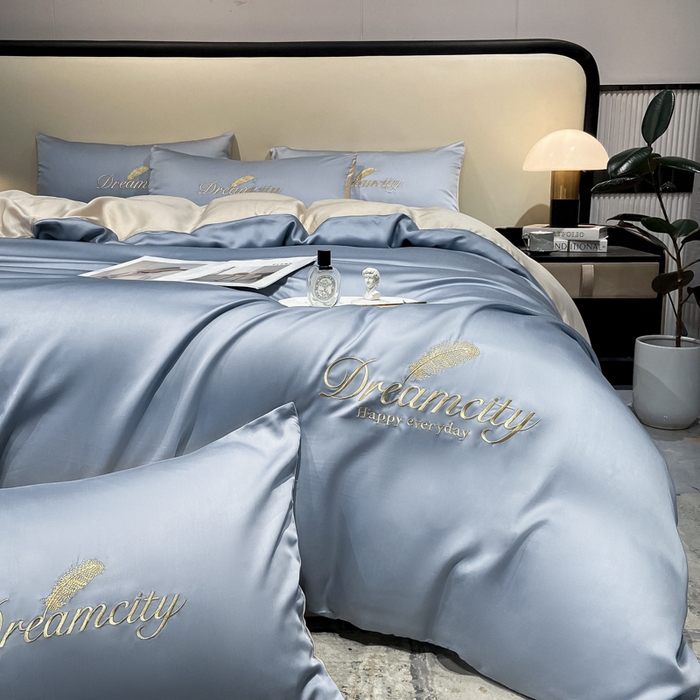 91家纺网 家纺一手货源 找家纺 花愿 2025新款水洗真丝刺绣四件套-羽梦系列 海青+奶茶