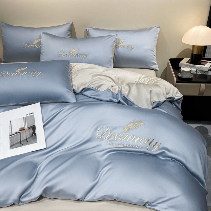 91家纺网 家纺一手货源 找家纺 花愿 2025新款水洗真丝刺绣四件套-羽梦系列 海青+奶茶