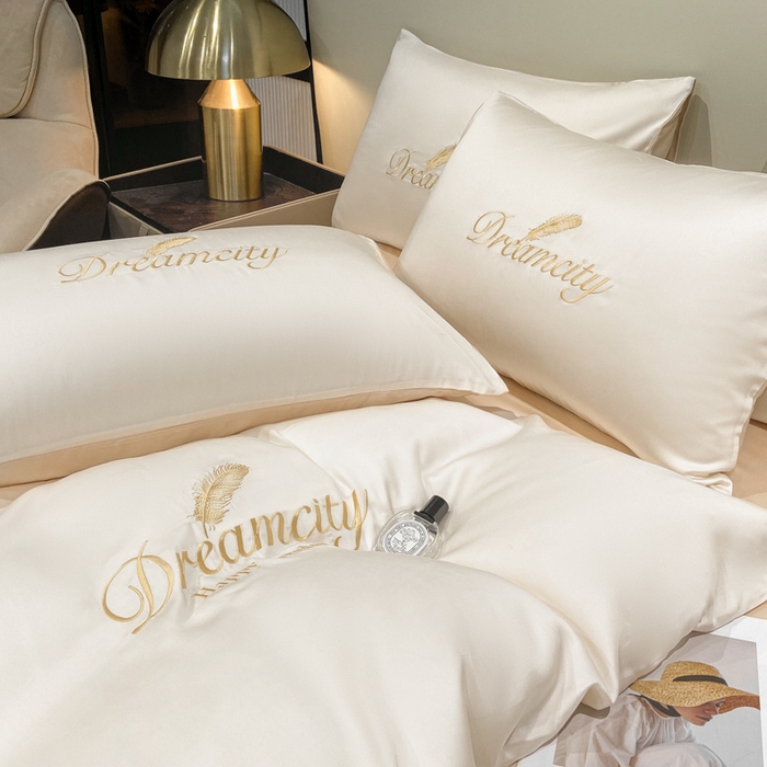 91家纺网 家纺一手货源 找家纺 花愿 2025新款水洗真丝刺绣四件套-羽梦系列 奶昔白+奶茶