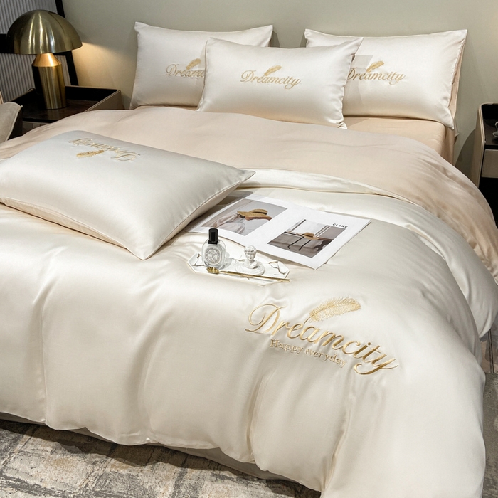 91家纺网 家纺一手货源 找家纺 花愿 2025新款水洗真丝刺绣四件套-羽梦系列 奶昔白+奶茶