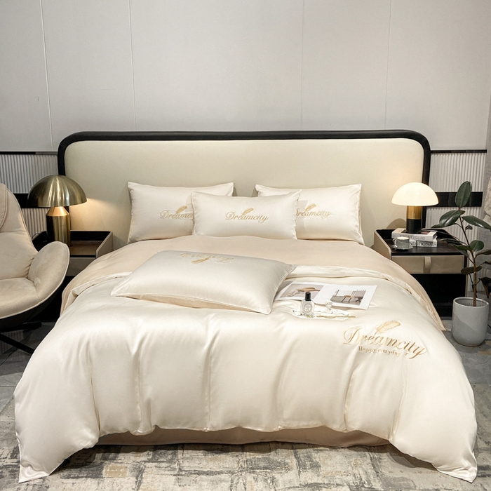 91家纺网 家纺一手货源 找家纺 花愿 2025新款水洗真丝刺绣四件套-羽梦系列 奶昔白+奶茶