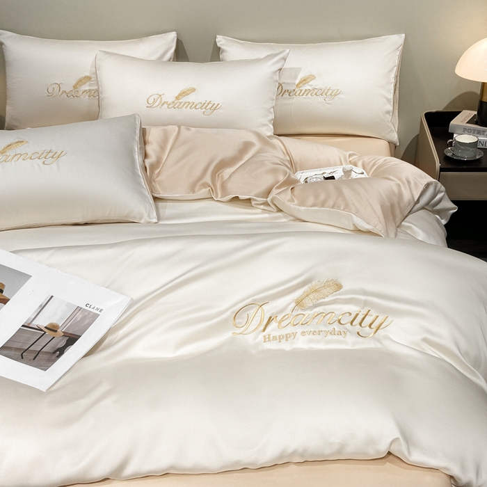 91家纺网 家纺一手货源 找家纺 花愿 2025新款水洗真丝刺绣四件套-羽梦系列 奶昔白+奶茶