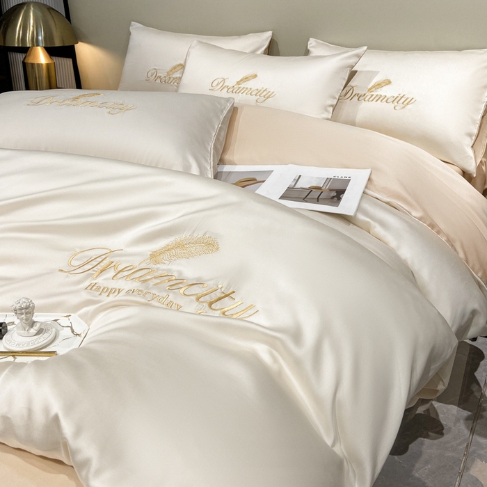 91家纺网 家纺一手货源 找家纺 花愿 2025新款水洗真丝刺绣四件套-羽梦系列 奶昔白+奶茶