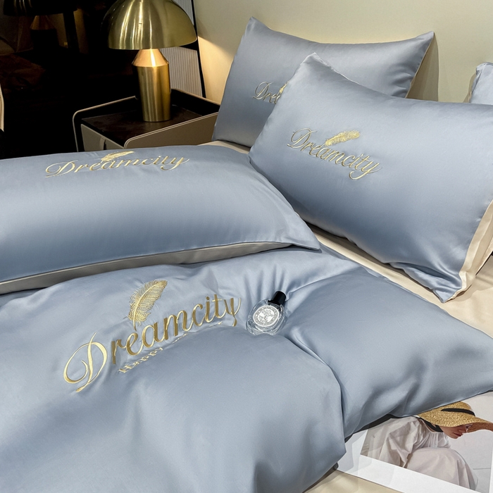 91家纺网 家纺一手货源 找家纺 花愿 2025新款水洗真丝刺绣四件套-羽梦系列 海青+奶茶