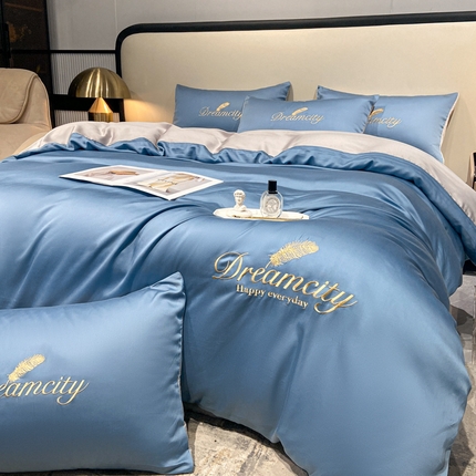 91家纺网 家纺一手货源 找家纺 花愿 2025新款水洗真丝刺绣四件套-羽梦系列 宾利蓝+山灰