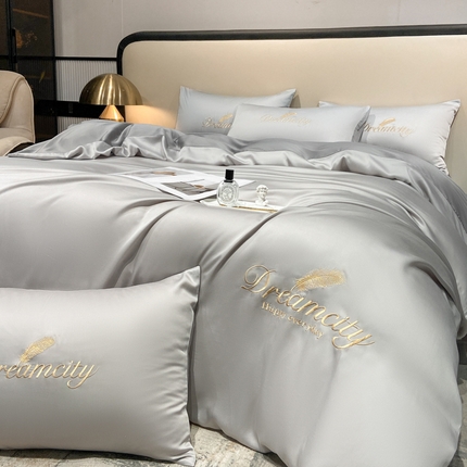 91家纺网 家纺一手货源 找家纺 花愿 2025新款水洗真丝刺绣四件套-羽梦系列 山灰+中灰