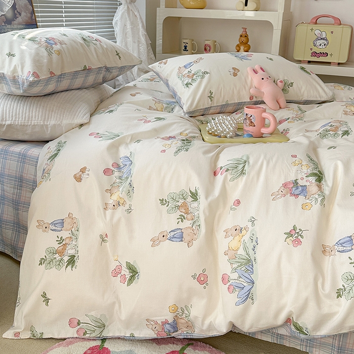 91家纺网 家纺一手货源 找家纺 昔可 2023新款全棉春日氛围系列四件套 花丛兔兔