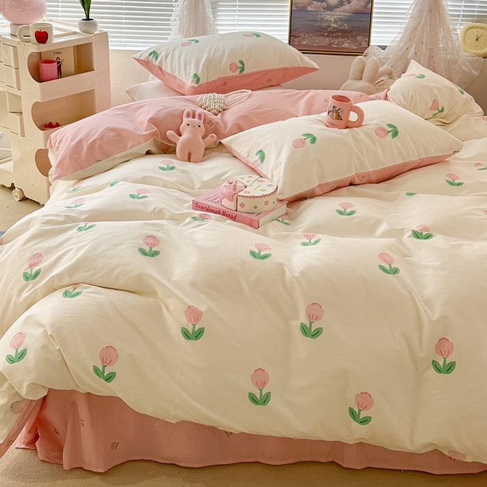 91家纺网 家纺一手货源 找家纺 昔可 2023新款全棉春日氛围系列四件套 粉嫩小郁金