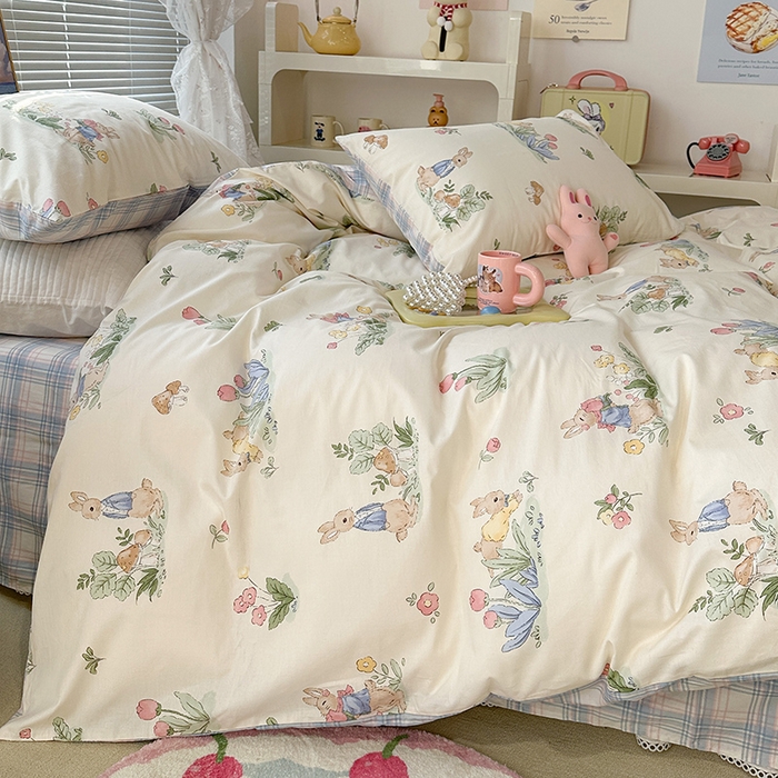 91家纺网 家纺一手货源 找家纺 昔可 2023新款全棉春日氛围系列四件套 花丛兔兔