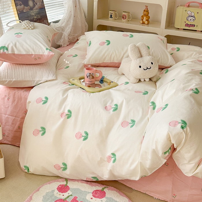 91家纺网 家纺一手货源 找家纺 昔可 2023新款全棉春日氛围系列四件套 粉嫩小郁金