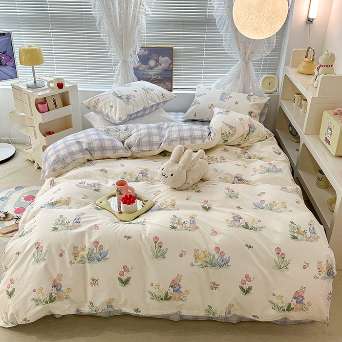 91家纺网 家纺一手货源 找家纺 昔可 2023新款全棉春日氛围系列四件套 花丛兔兔