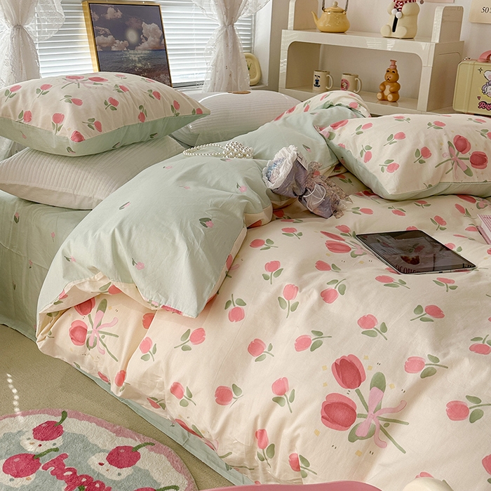 91家纺网 家纺一手货源 找家纺 昔可 2023新款全棉春日氛围系列四件套 粉粉花束