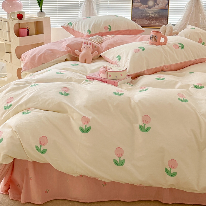 91家纺网 家纺一手货源 找家纺 昔可 2023新款全棉春日氛围系列四件套 粉嫩小郁金