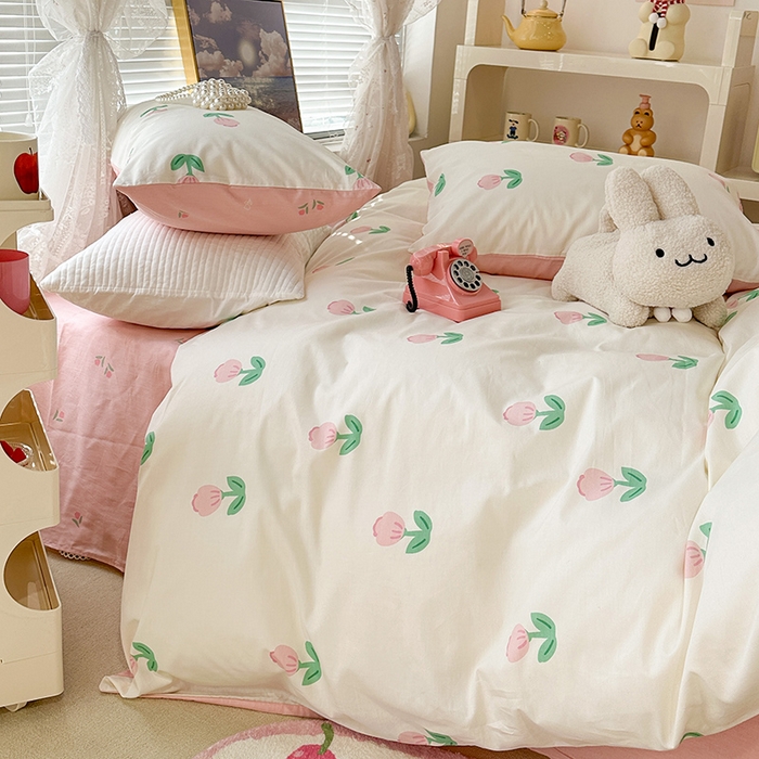 91家纺网 家纺一手货源 找家纺 昔可 2023新款全棉春日氛围系列四件套 粉嫩小郁金