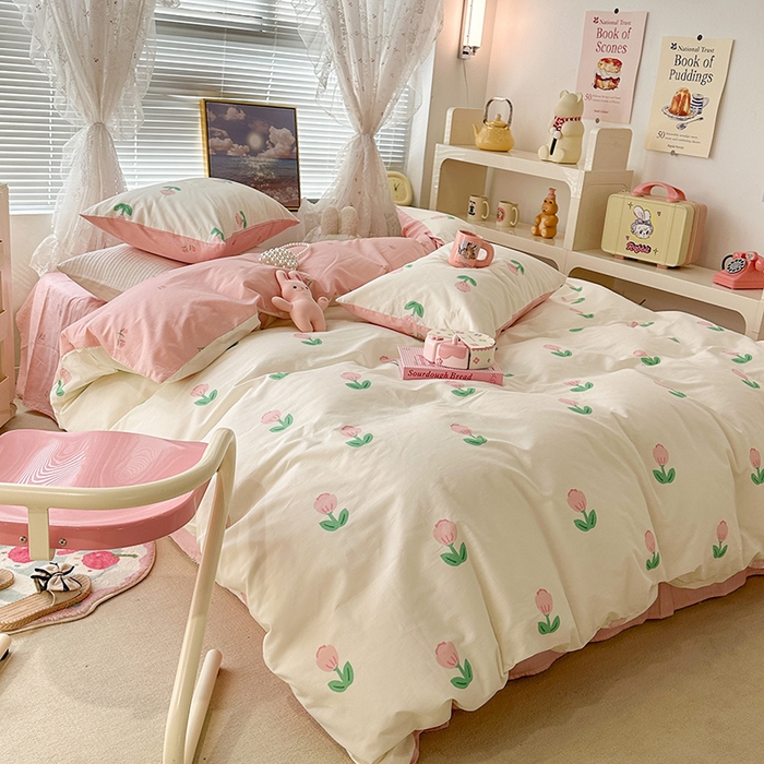 91家纺网 家纺一手货源 找家纺 昔可 2023新款全棉春日氛围系列四件套 粉嫩小郁金