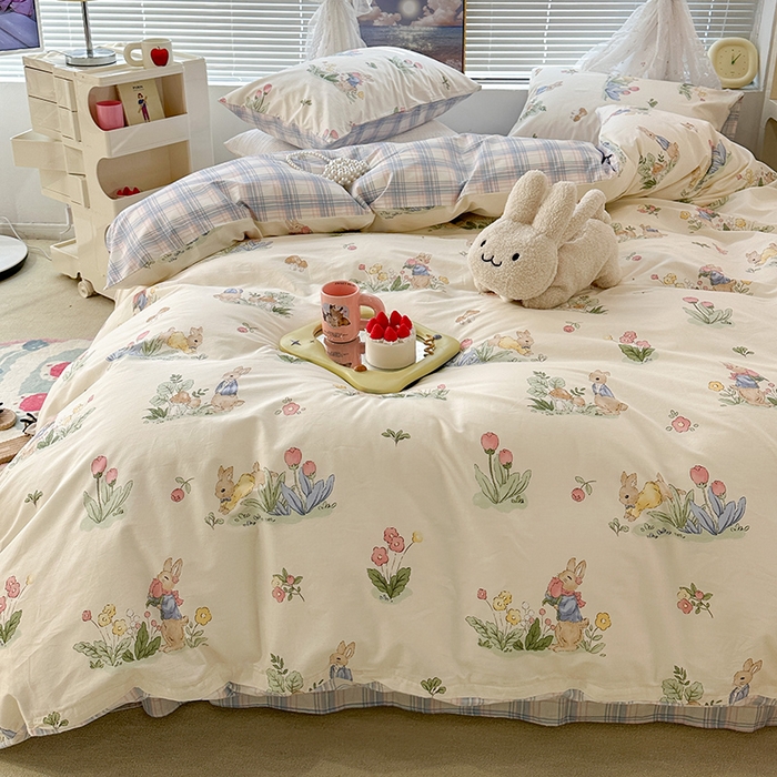 91家纺网 家纺一手货源 找家纺 昔可 2023新款全棉春日氛围系列四件套 花丛兔兔