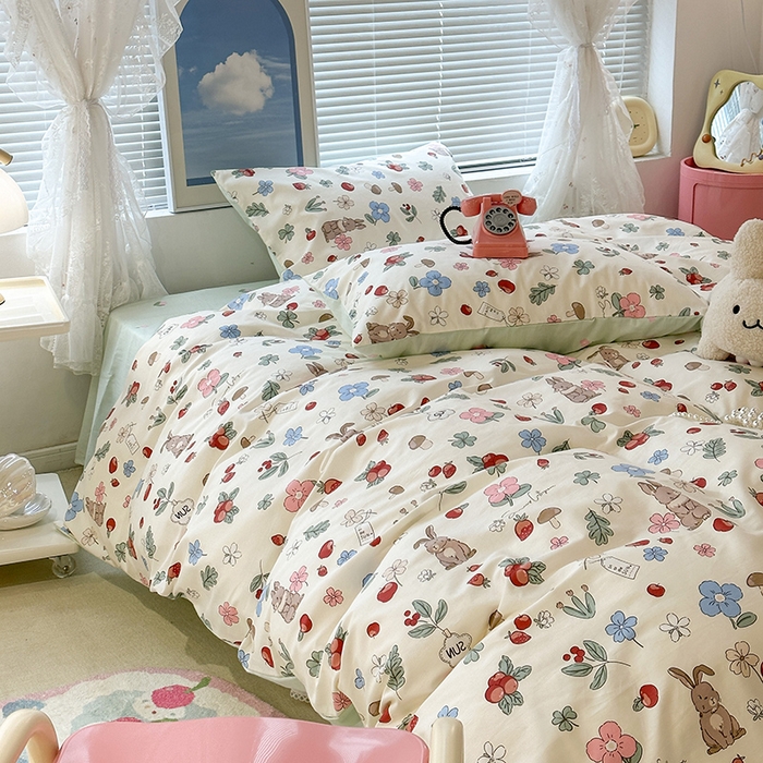 91家纺网 家纺一手货源 找家纺 昔可 2023新款全棉春日氛围系列四件套 森系果园兔