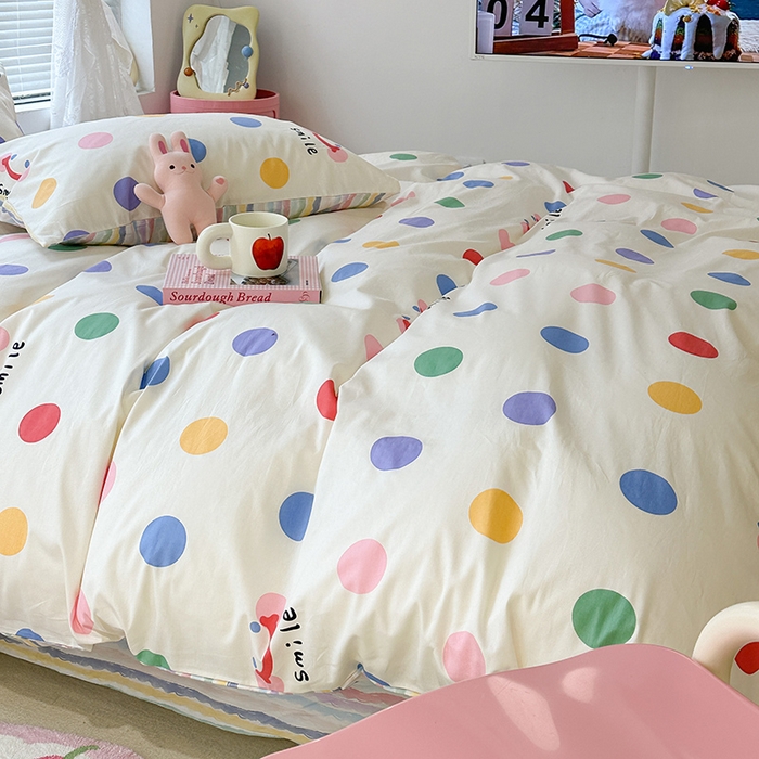 91家纺网 家纺一手货源 找家纺 昔可 2023新款全棉春日氛围系列四件套 微笑彩波点