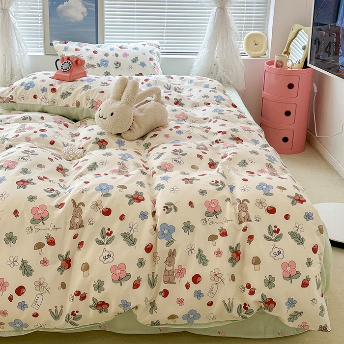 91家纺网 家纺一手货源 找家纺 昔可 2023新款全棉春日氛围系列四件套 森系果园兔