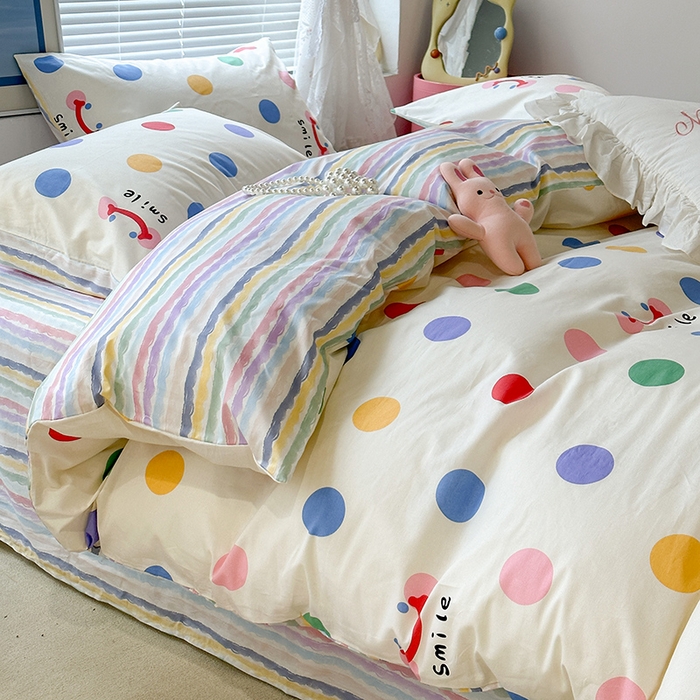 91家纺网 家纺一手货源 找家纺 昔可 2023新款全棉春日氛围系列四件套 微笑彩波点