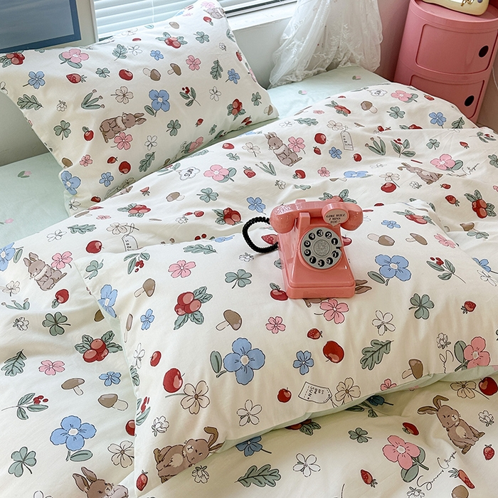 91家纺网 家纺一手货源 找家纺 昔可 2023新款全棉春日氛围系列四件套 森系果园兔