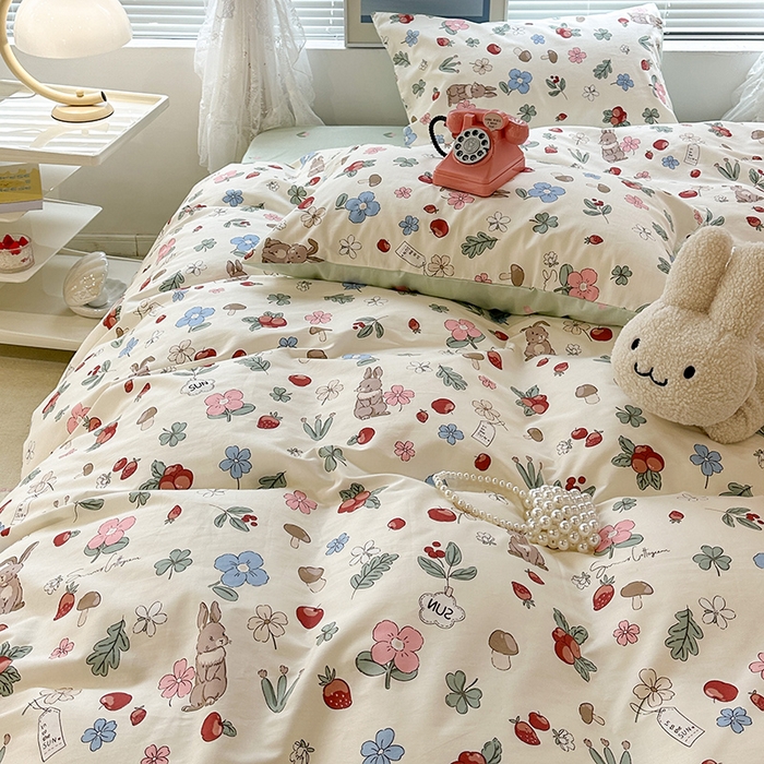 91家纺网 家纺一手货源 找家纺 昔可 2023新款全棉春日氛围系列四件套 森系果园兔