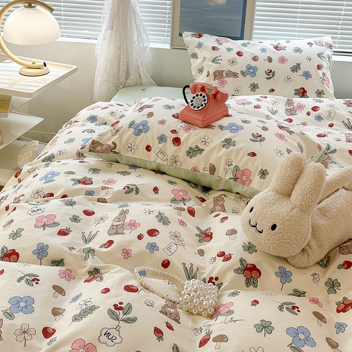 91家纺网 家纺一手货源 找家纺 昔可 2023新款全棉春日氛围系列四件套 森系果园兔