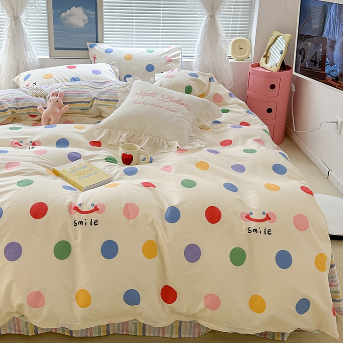 91家纺网 家纺一手货源 找家纺 昔可 2023新款全棉春日氛围系列四件套 微笑彩波点