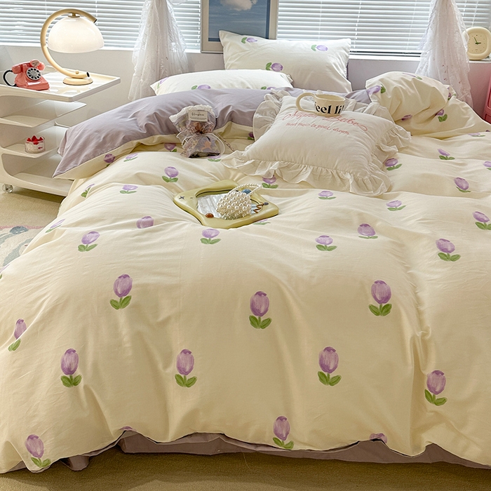 91家纺网 家纺一手货源 找家纺 昔可 2023新款全棉春日氛围系列四件套 紫色郁金香