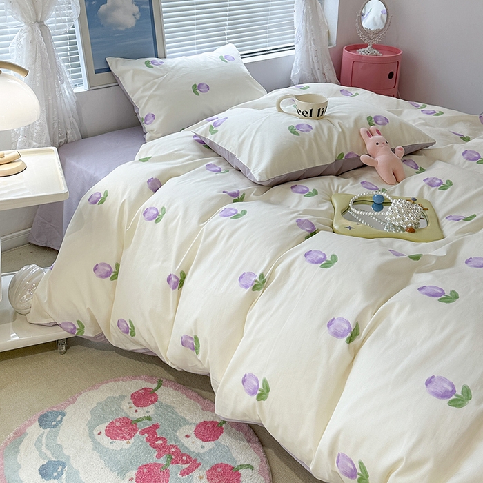 91家纺网 家纺一手货源 找家纺 昔可 2023新款全棉春日氛围系列四件套 紫色郁金香