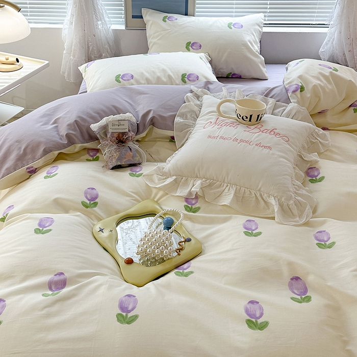 91家纺网 家纺一手货源 找家纺 昔可 2023新款全棉春日氛围系列四件套 紫色郁金香