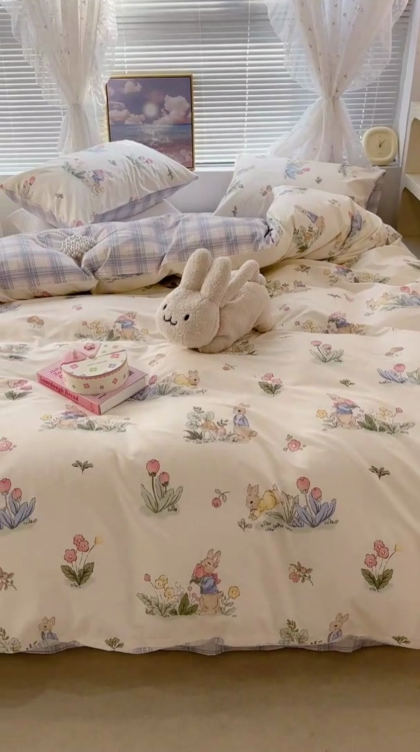 91家纺网 家纺一手货源 找家纺 昔可 2023新款全棉春日氛围系列四件套 花丛兔兔