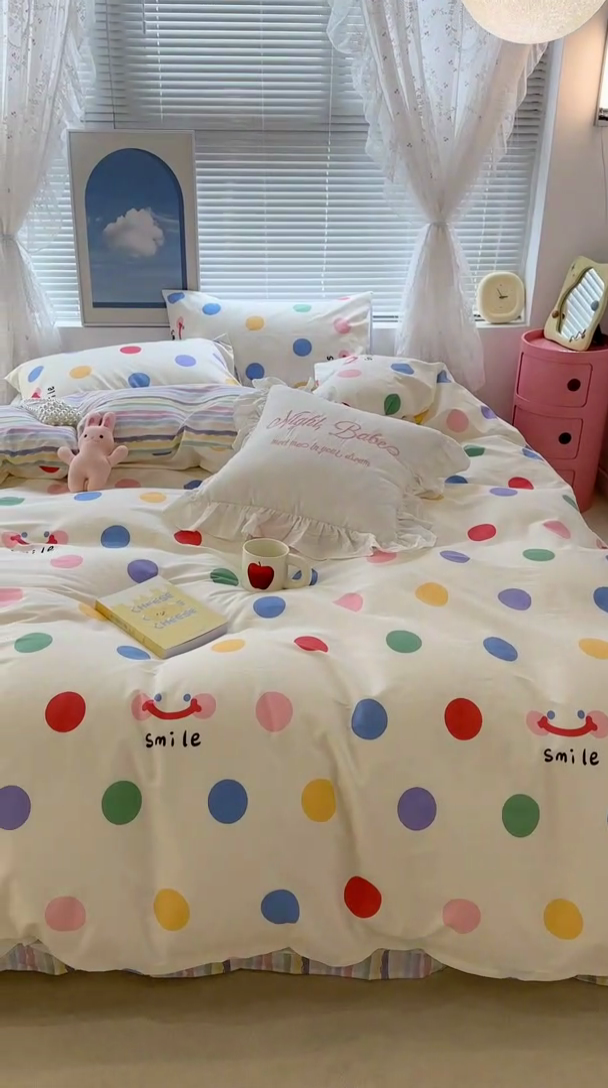 91家纺网 家纺一手货源 找家纺 昔可 2023新款全棉春日氛围系列四件套 微笑彩波点