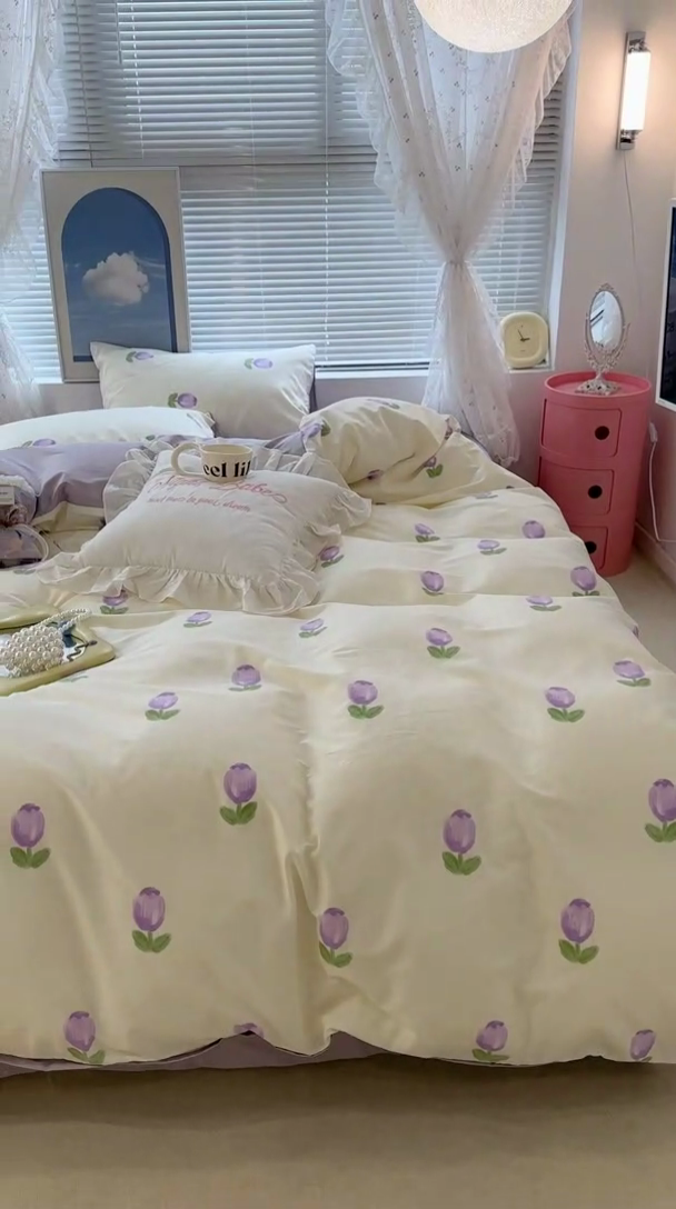 91家纺网 家纺一手货源 找家纺 昔可 2023新款全棉春日氛围系列四件套 紫色郁金香