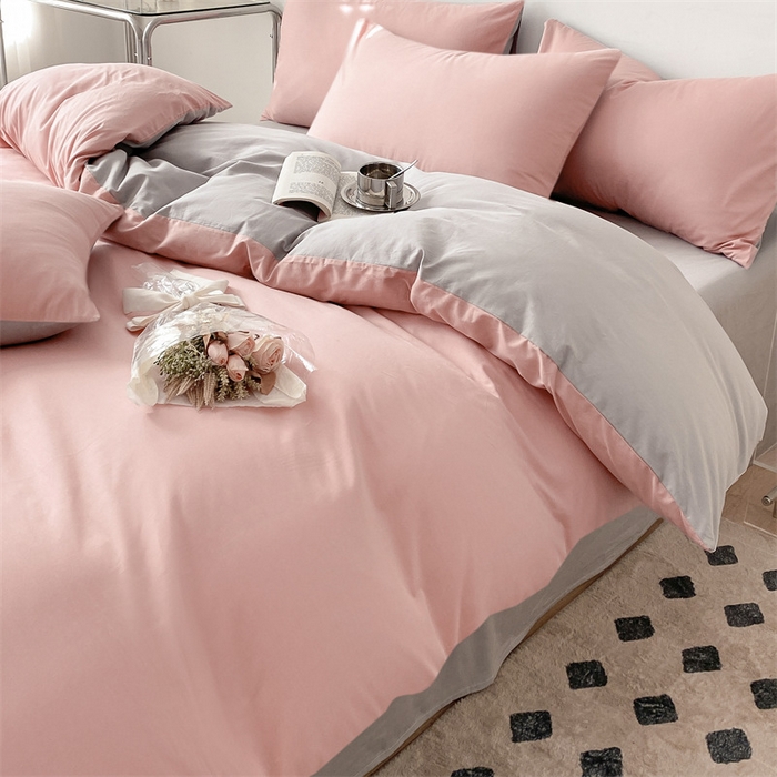 91家纺网 家纺一手货源 找家纺 眠帛 2023新款A类水洗棉拼色四件套—简系列 简--豆沙灰